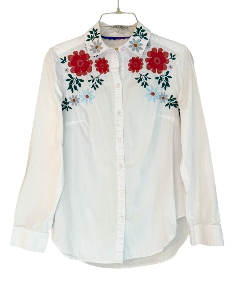 Maeve Anthropologie White Floral Embroidered Button Front Shirt Size 4